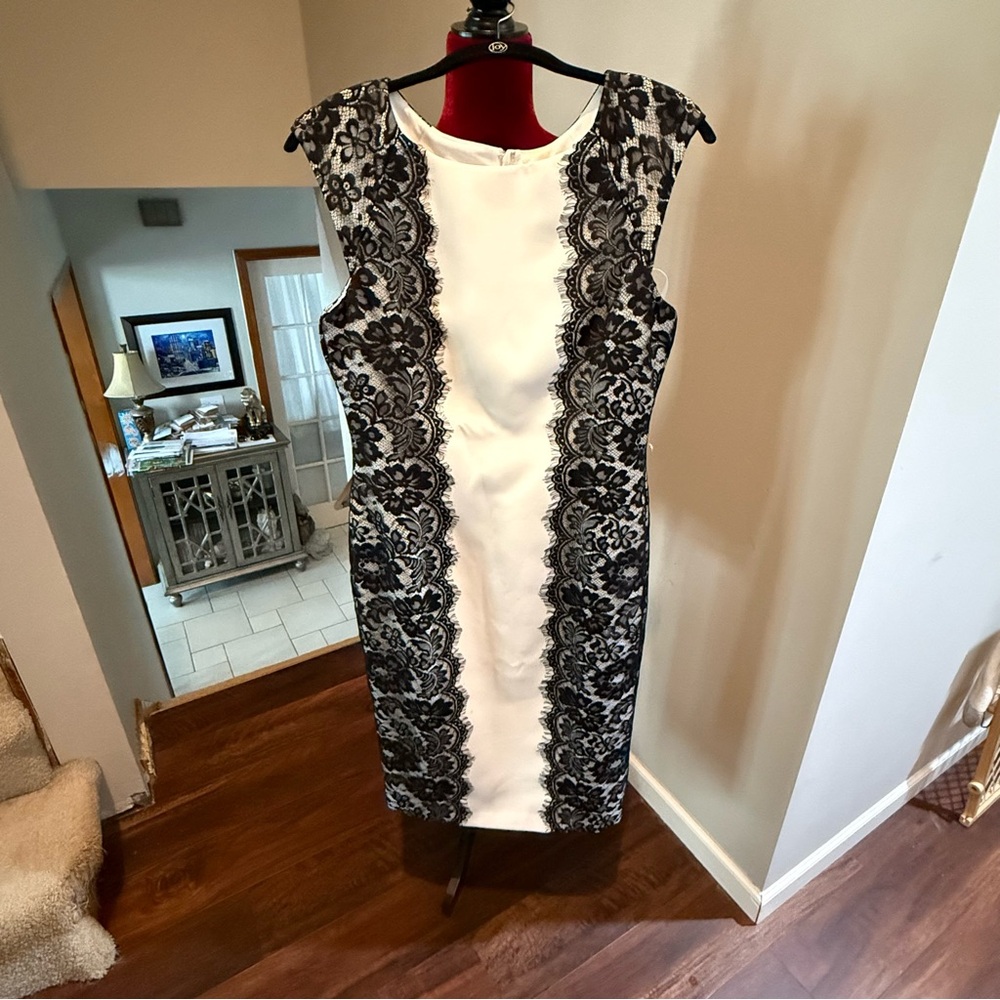 White House Black Market Elegant Black and White Lace Dress Size 6